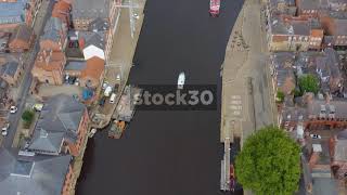 Overhead Drone Shot Of The River Ouse In York, Approaching Ouse Bridge, UK