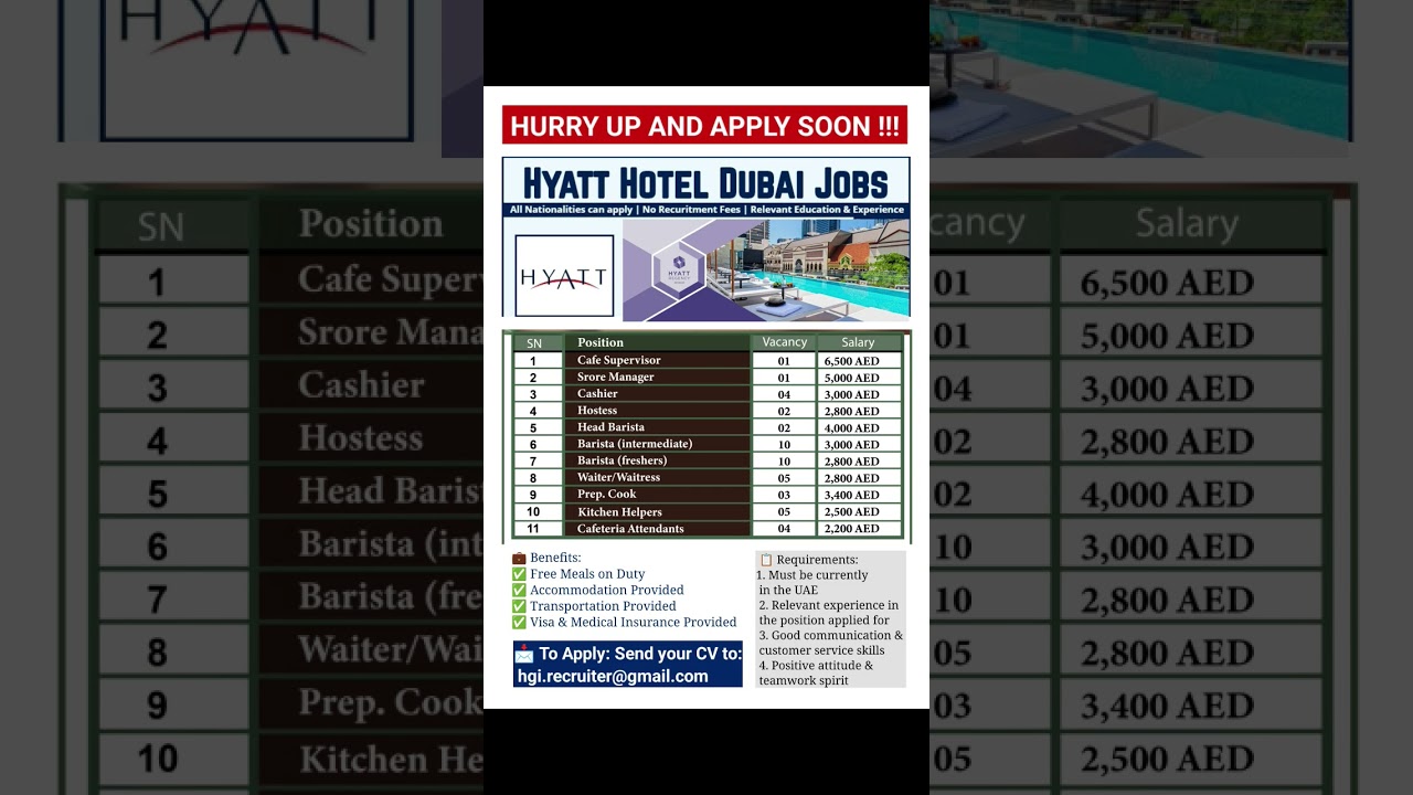 Hyatt Hotel job vacancy in Dubai 