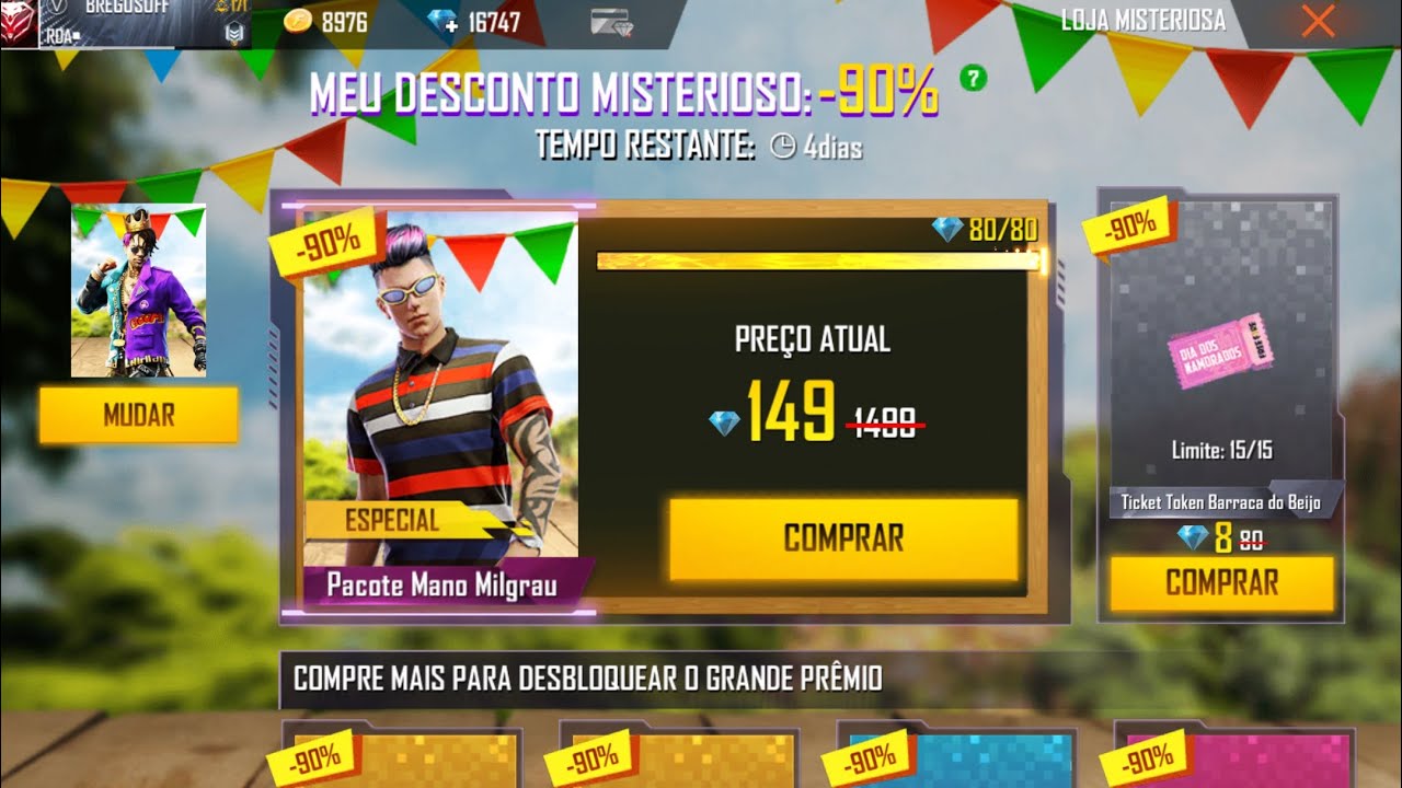 PEGUEI TUDO! PACOTE MANO MILGRAU NO FREE FIRE EVENTO LOJA MISTERIOSA SKIN DO FUNK