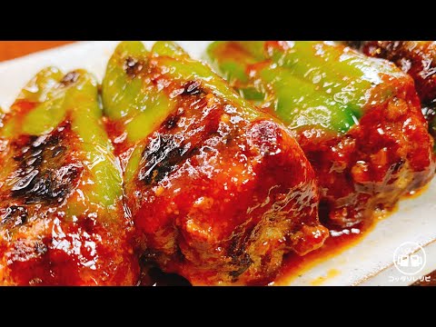 詰めて焼くだけで驚くほど超旨い！柔らかジューシー♪『まるごとピーマンの肉詰め』ご飯泥棒／低糖質／弁当／冷凍作り置き／おつまみ／節約／おかず／ダイエット／おうち居酒屋／飯テロ