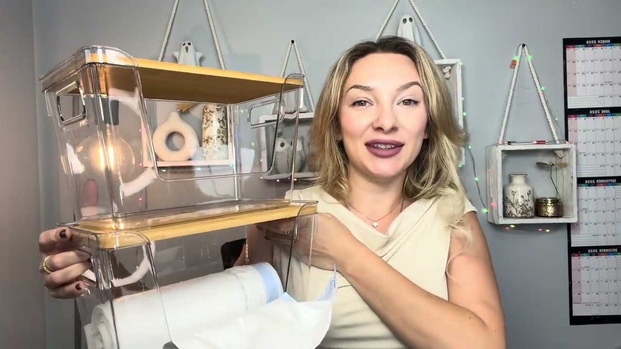 2 Pack Trash Bag Dispenser with Bamboo Lid, Stackable Trash Bag Holder, Large Clear Garbage Bag 