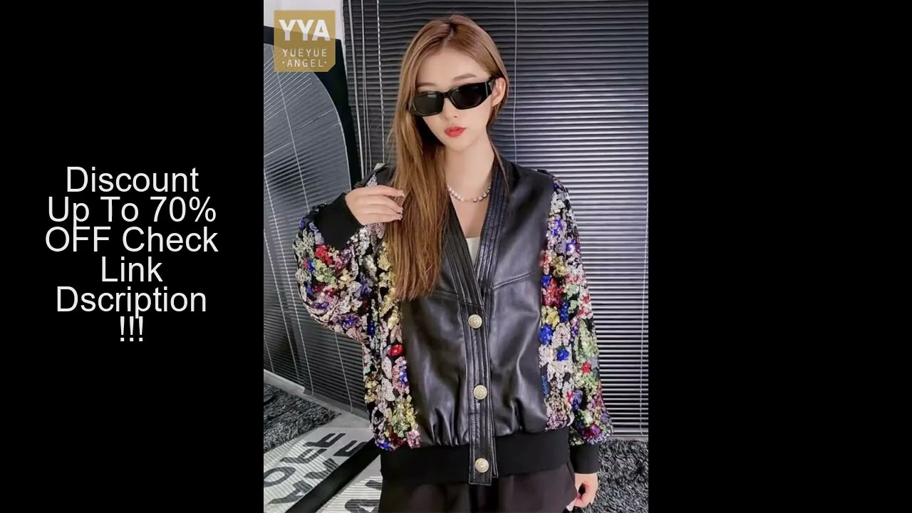 Fashion Women Shiny Colorful Sequined Stage Show Bomber Jacket Batwing Sleeve Spliced Sheepskin Genu