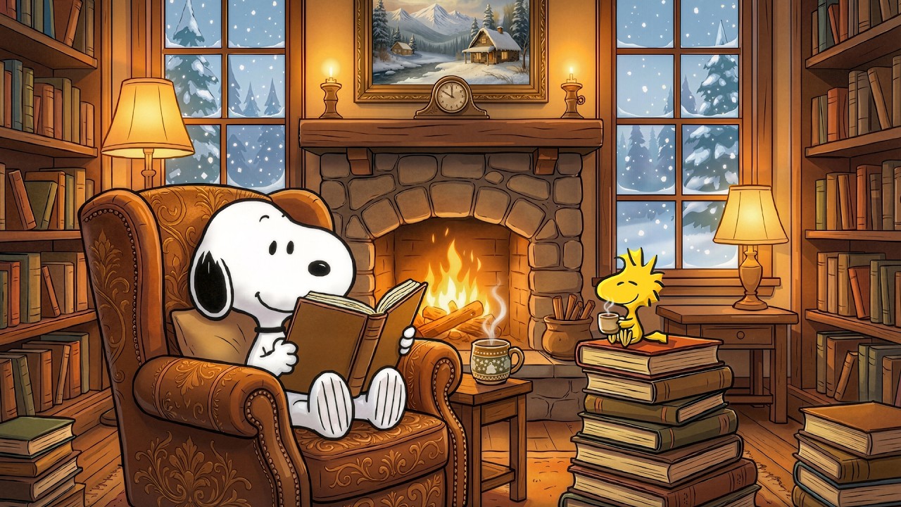 Чтение у камина со Снупи 🔥 Расслабляющий джаз для глубокой концентрации и учебы ❄️ Звуки потрески...