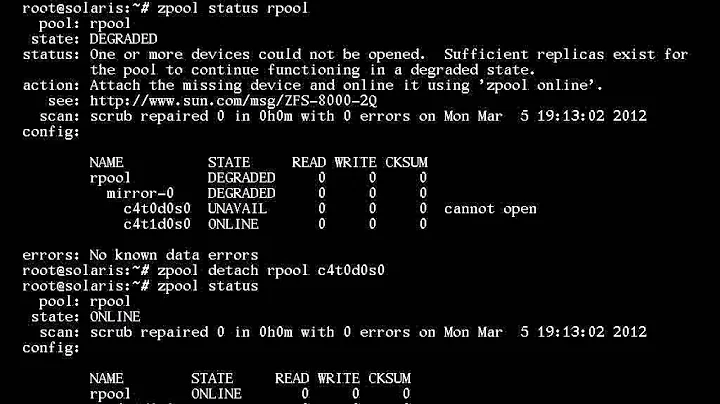 Solaris: fix a faulted mirror zfs rpool
