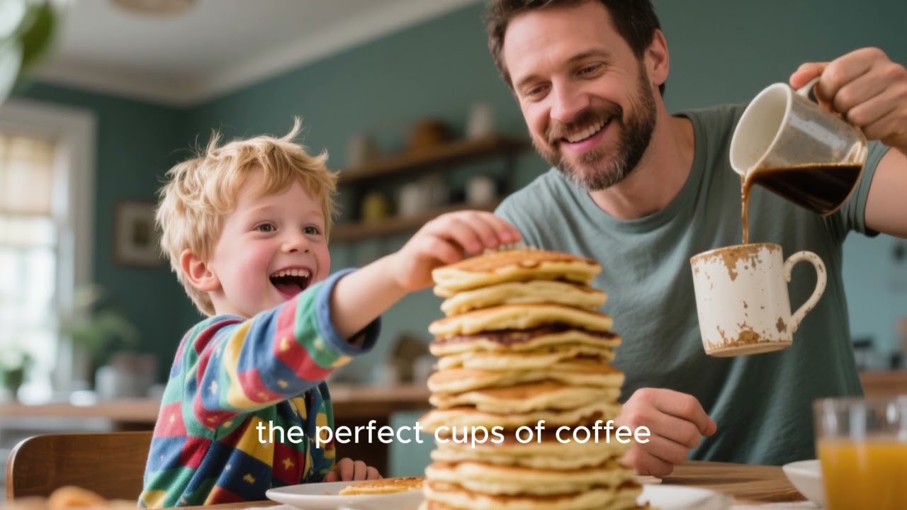 For a Happy Family Pancake Morning and coffee with syrup
