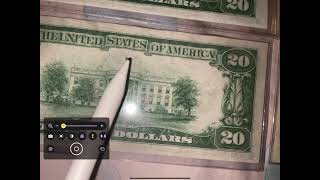 1934 A 1934 D $20 dollar bills compared sized and the backside wide and center White House redesign