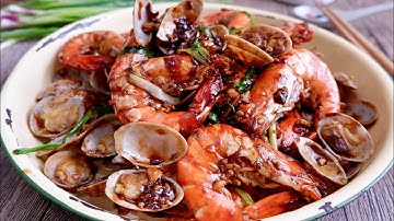 Super Easy 7-Min Spicy Garlic Prawn/Shrimp & Clam 蒜香辣虾与蛤蜊 Asian Kecap Manis Soy Sauce Seafood Recipe