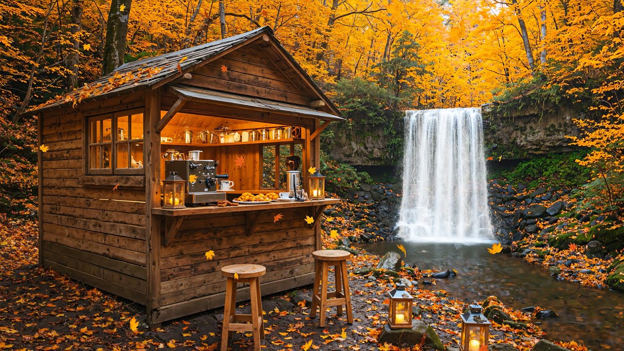Cozy Autumn Coffee Bar by the Waterfall 🍂 4K Relaxing Jazz & Nature Ambience for Study & Calm
