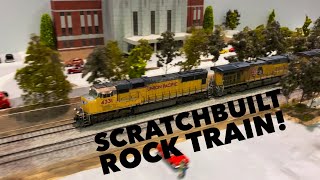 Scratch-Built 95-Car Rock Train in HO-Scale from a Drone Perspective