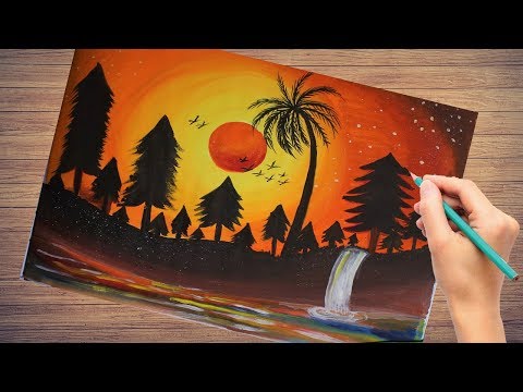 watercolor-landscape-sunset-scenery-drawing-|-easy-sunset-scenery-drawing-|-step-by-step
