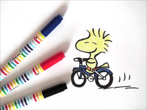 自転車に乗っているウッドストックの描き方 スヌーピーキャラクター