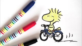 自転車に乗っているウッドストックの描き方   スヌーピーキャラクター　how to draw　Woodstock　그림