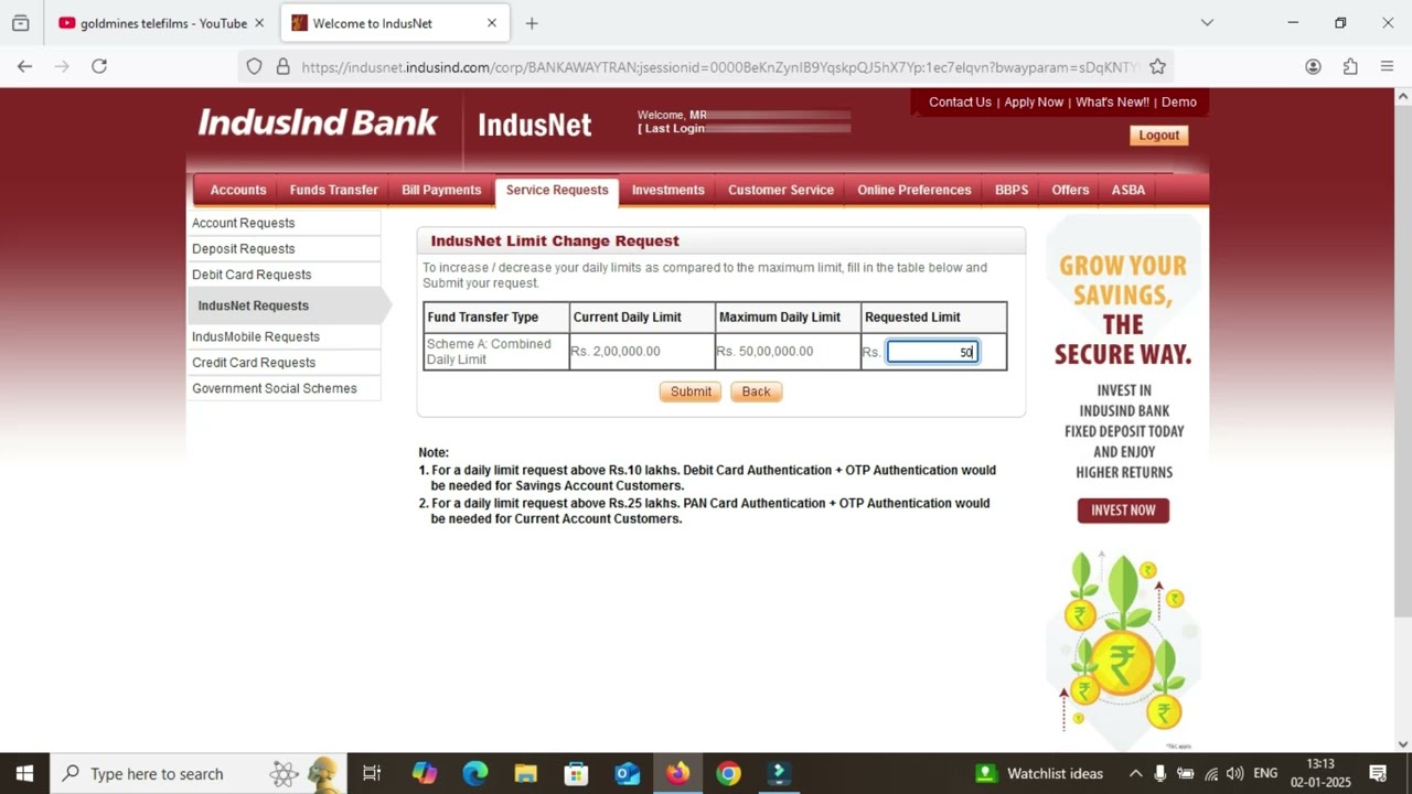 How to set Fund transfer limit IndusInd Bank | IMPS Fund transfer limit change | NEFT Fund Transfer