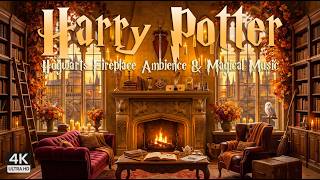 Autumn Hogwarts Library Fireplace Ambience 🍂🔥 | Candlelit Reading & Cozy Harry Potter Music