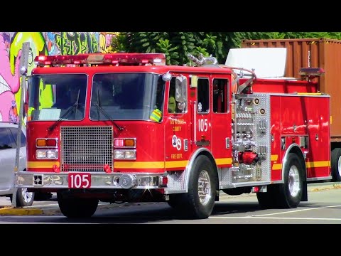 LACoFD Engine 105, Engine 10, and Battalion 7 Responding (Horn Action)