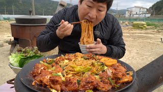 쫄깃한 쫄면과 부드러운 닭갈비를 솥뚜껑에 볶아 만든 요리! (Dak-galbi, spicy stir-fried chicken) 요리&먹방!! - Mukbang eating show