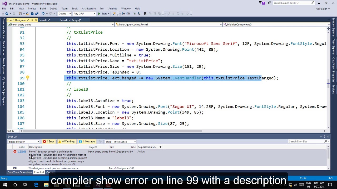 How to Fix winForm Designer Error - youtube