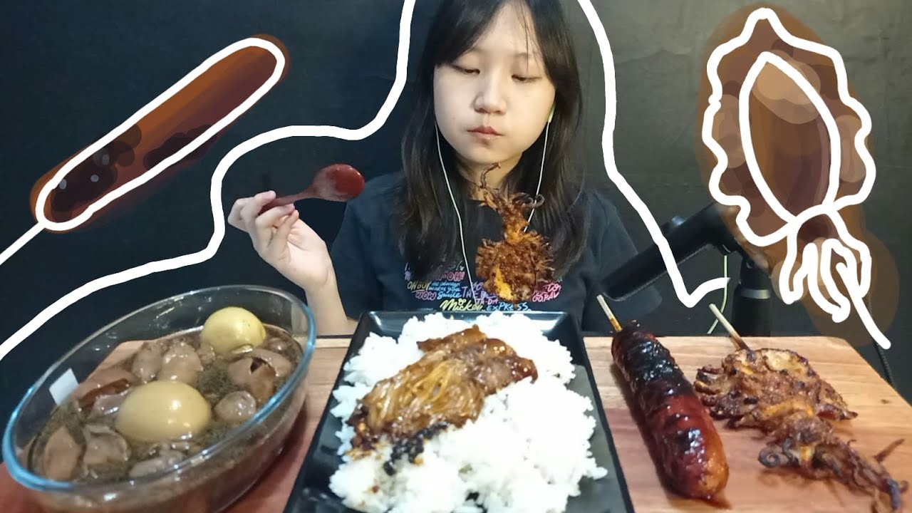 ASMR eating | Rice with enoki beef, grilled squid, grilled sausage, egg ...