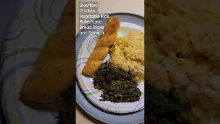Stouffers Chicken Vegetable Rice Bake, Garlic Bread Sticks And Spinach