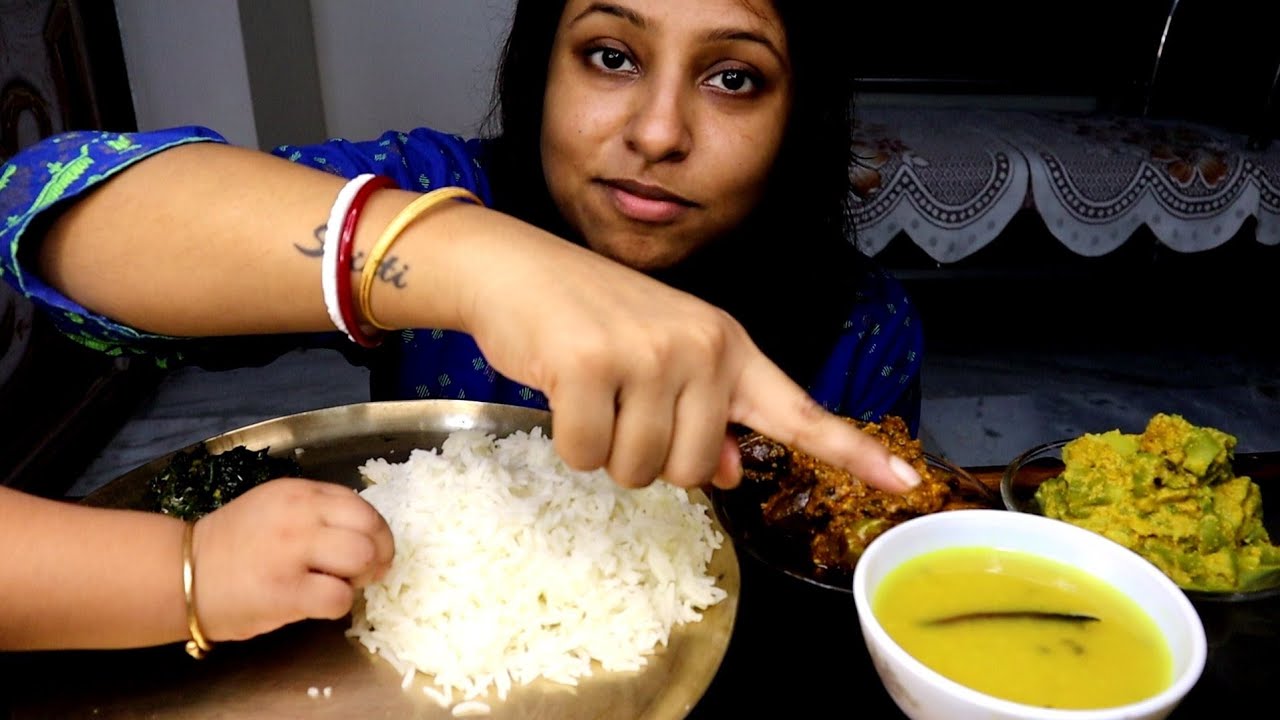 Eating Show - Rice, Kolmi Sak, Jhinge Posto, Potol Dolma, Mixed Dal | Veg Thali | Big Bites |Mukbang