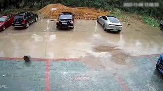 Truck jumps up on stone figure