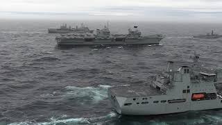 UK Carrier Strike Group Assembles
The full United Kingdom (UK) Carrier Strike Group (CSG) assembled at sea on 04 October, 2020. The (CSG) is led by Her Majestys Ship Queen Elizabeth and includes flotilla of destroyers and frigates from the UK, the Netherlands, the USS The Sullivans, and 15 F-35B Lightning IIs from Marine Fighter Attack Squadron 211 and the UKs 617 Squadron. The Navy-Marine Corps team is humbled and proud to represent the United States and serve alongside our United Kingdom counterparts. (Royal Navy Video by LPhot Johnson) UK Carrier Strike Group Assembles