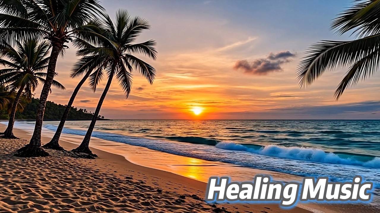 Глубокое фортепиано для снятия стресса, йоги и сна под шум прибоя на закате и тени пальм