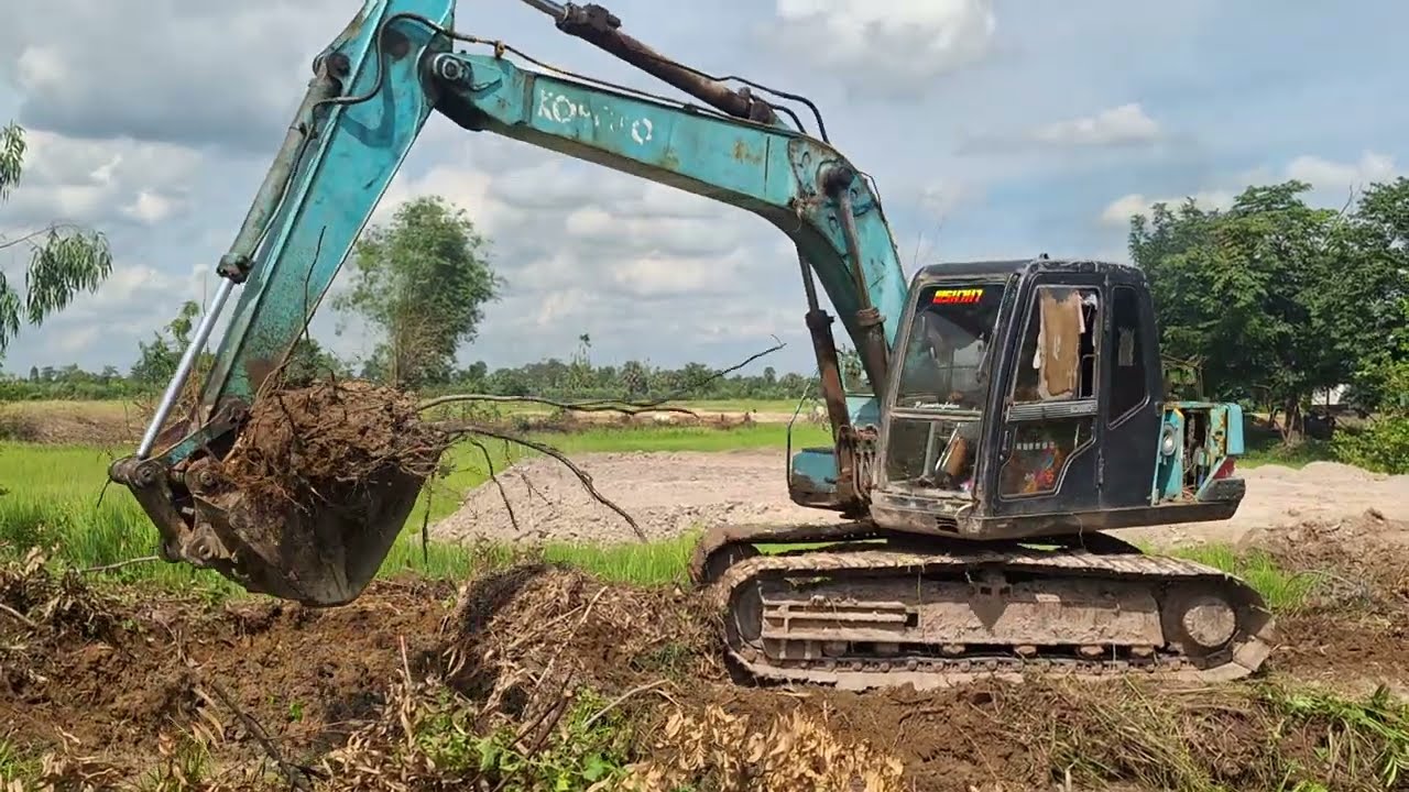 รีวิวรถขุดในตำนานงานเคลียริ่ง ตอ ยูคาลิปตัส คนขับจัดเต็ม kobelco sk120-1 excavator and truck