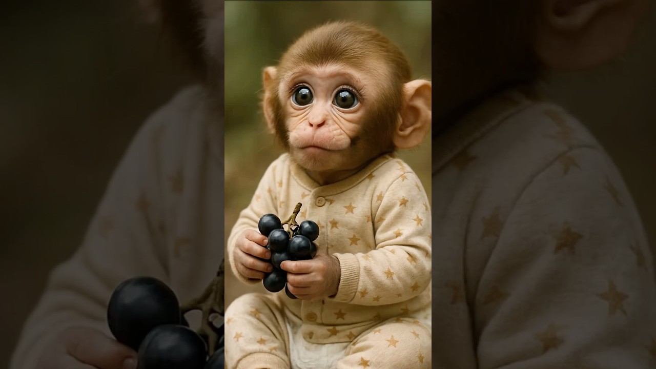 Baby Monkey's Tiny Hands, Big Appetite! 🍇 Watch Those Cheeks Puff Up!