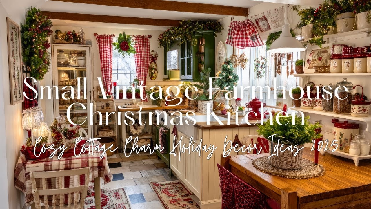 Небольшая винтажная рождественская кухня в фермерском доме | Идеи праздничного декора в стиле уют...