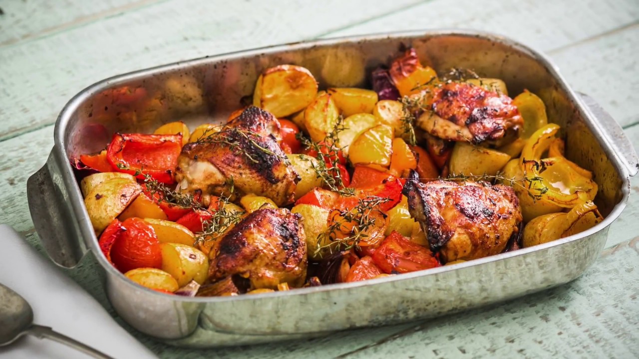 Traybake chicken with potatoes and peppers YouTube