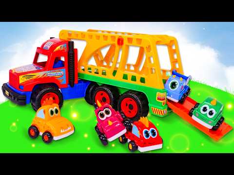 Songs for kids featuring toy cars, trucks, and a car carrier.
