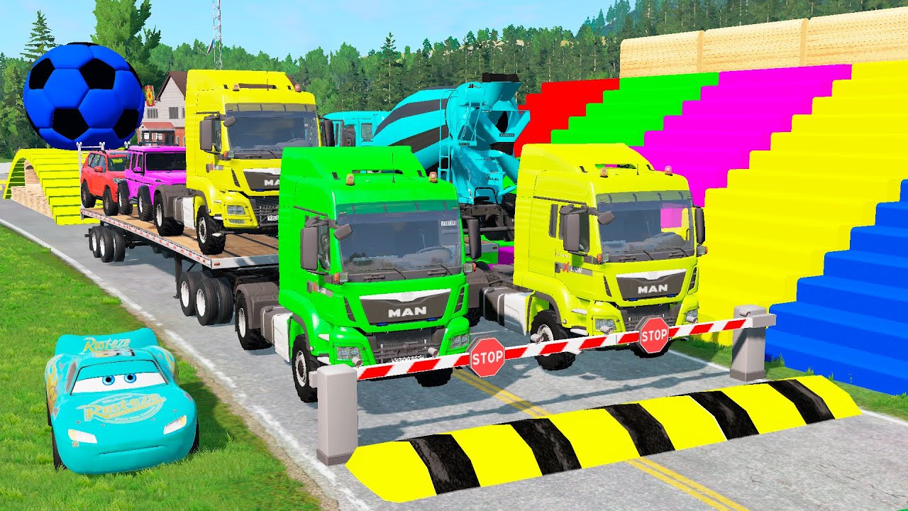 Flatbed Trailer McQueen Transportation with Truck - Speedbumps vs Cars vs Train - BeamNG.Drive #19