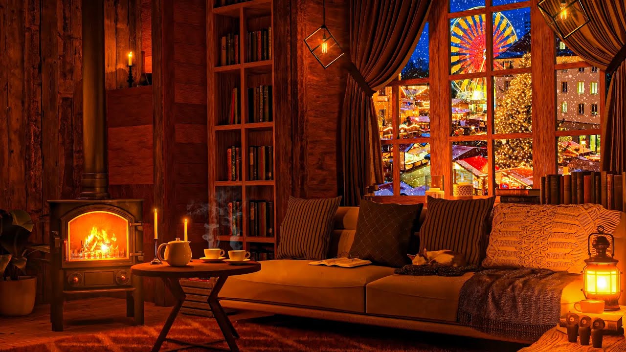 уютная рождественская атмосфера с печью с видом на зимний парк | расслабься, спи спокойно