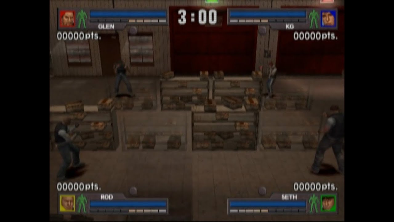 Urban Reign (PLAYSTATION 2) Rod vs Seth vs Glen vs KG battle royale 3 minutes damage Warehouse