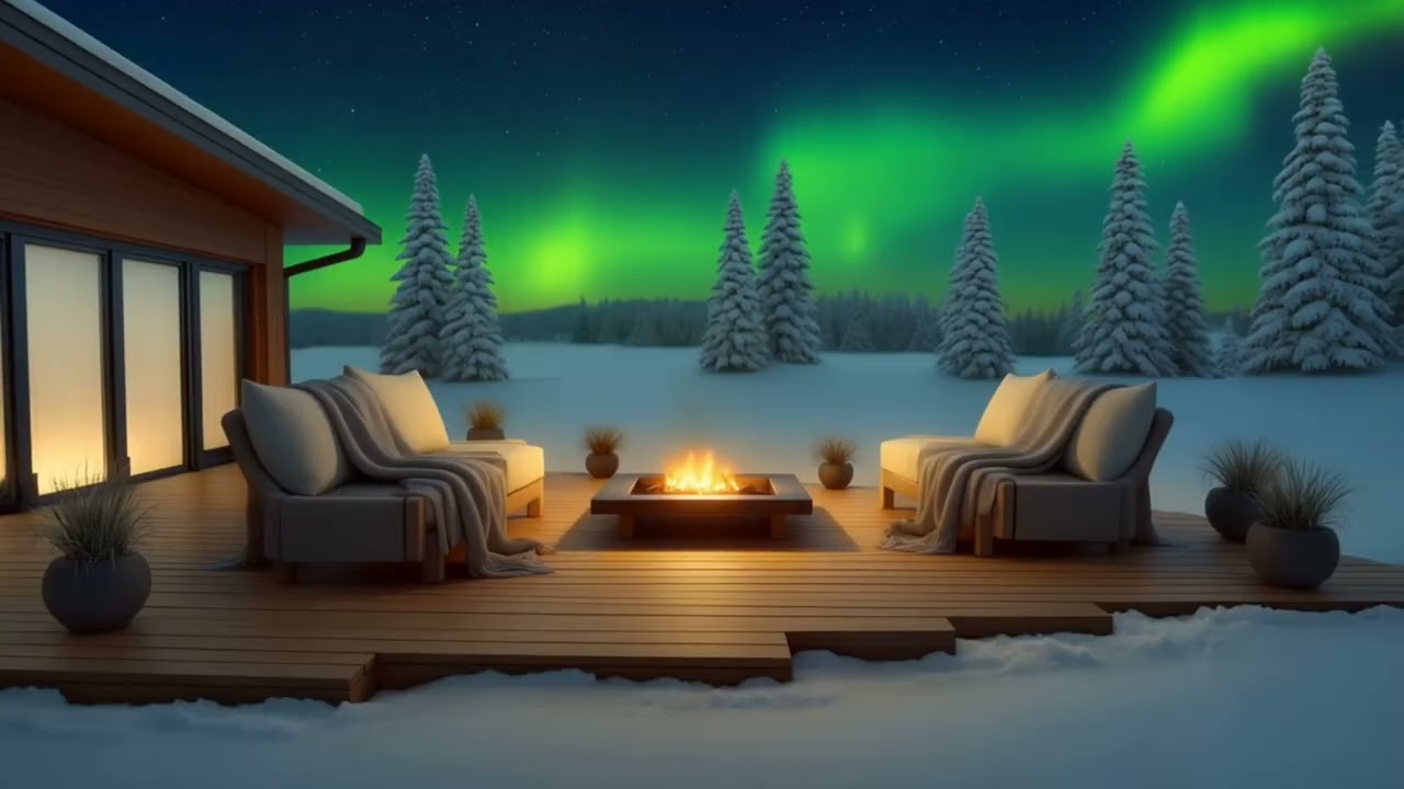 Crackling Fire & Northern Lights in Snowy Winter Night | Relaxing Sleep Ambienc
