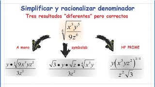 Simplificar radical,  racionalizar denominador. HP PRIME, Symbolab.