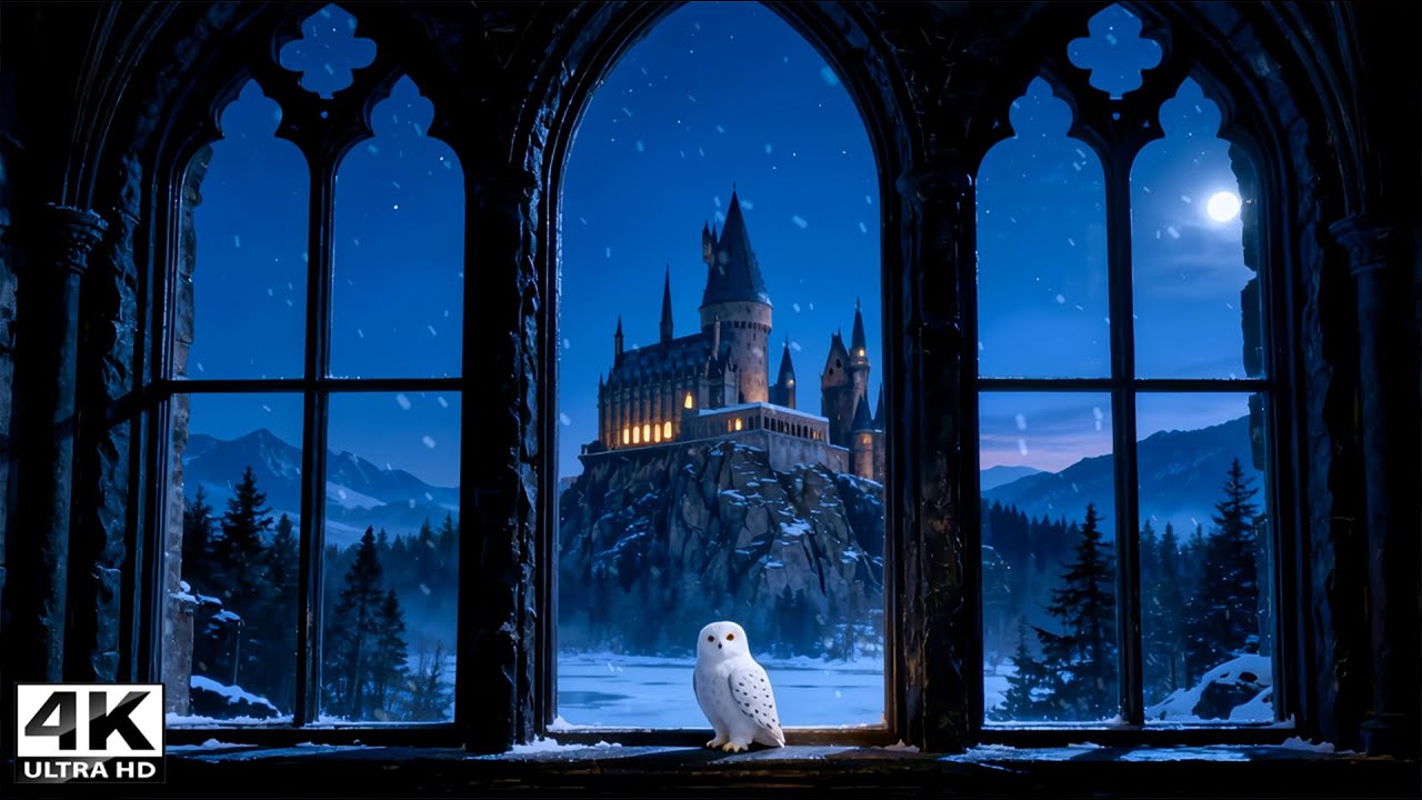 Hogwarts Night Window View ❄️🌙 Calm Magical Music for Deep Relax & Sleep