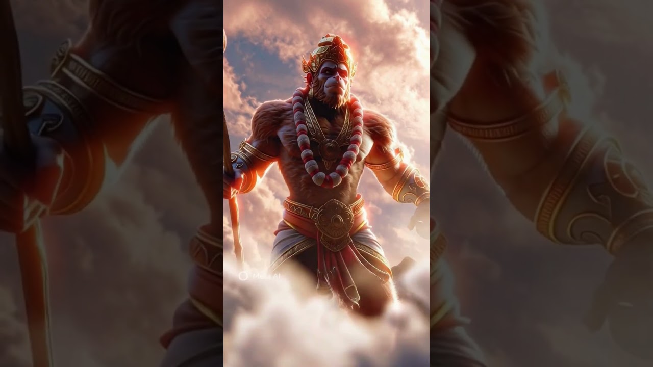 Lord Hanuman standing on a mountain peak, muscular divine form, glowing orange and gold aura,