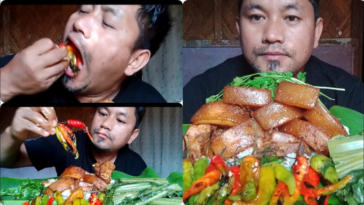 Pork belly cook with dry bamboo shoots and green chilli mukbang 