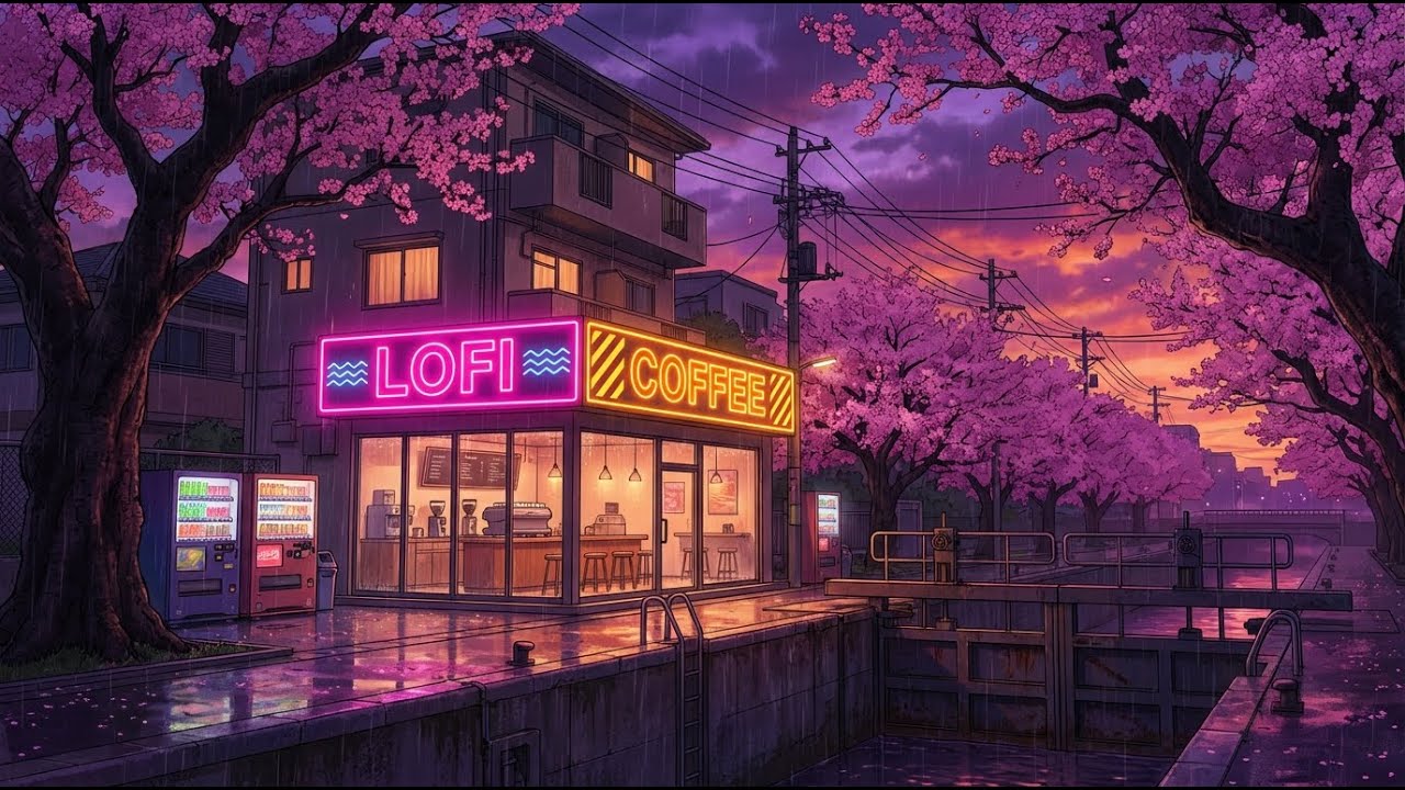 📚 Deep Study Lofi with Soft Rain 🌧️ Neon Sakura Canal Lock Coffee 💗☕