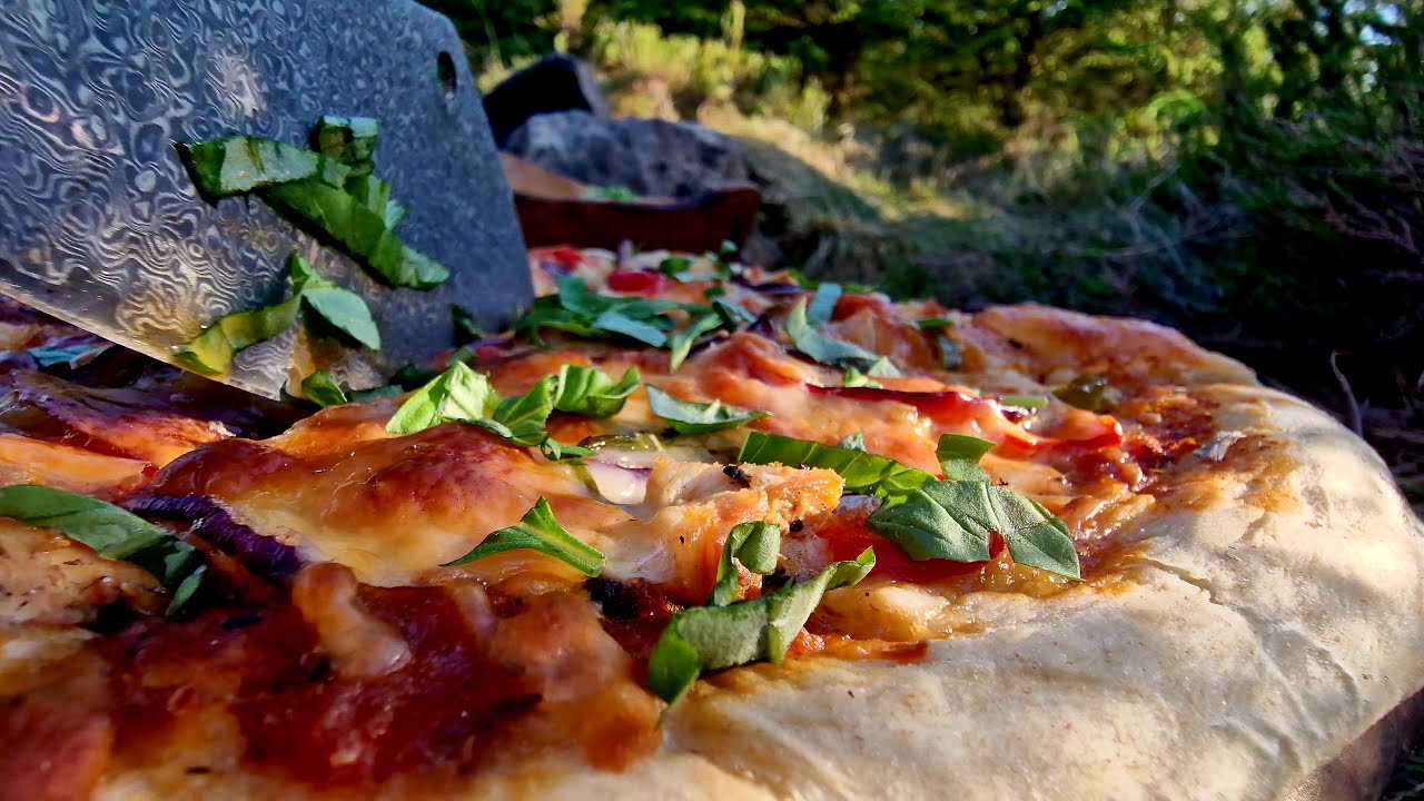 Pizza Recipe with Chicken Bacon and Chilli outdoor cooking on open Fire ASMR Cooking