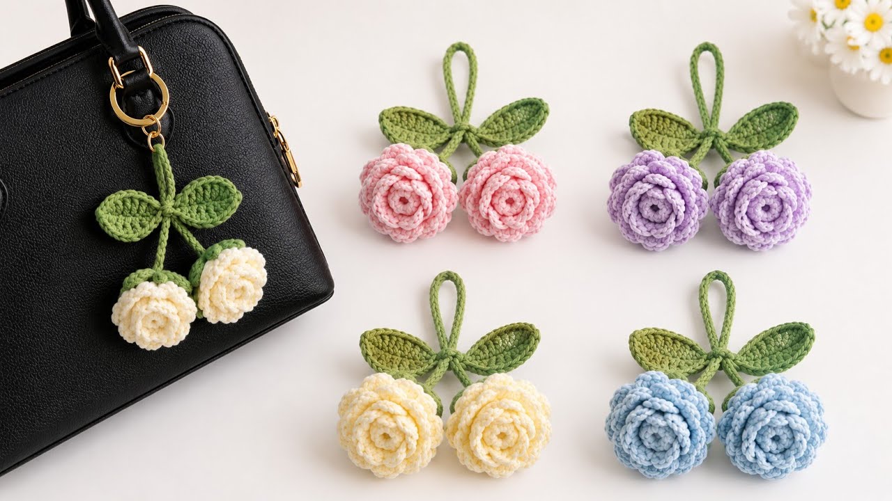 Crochet rose keychain step by step 🌹 So cute and easy 🌹 Beginner