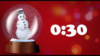 30 Second Timer, Christmas Music, Animated Snowman Snow Globe, White Numbers on Red