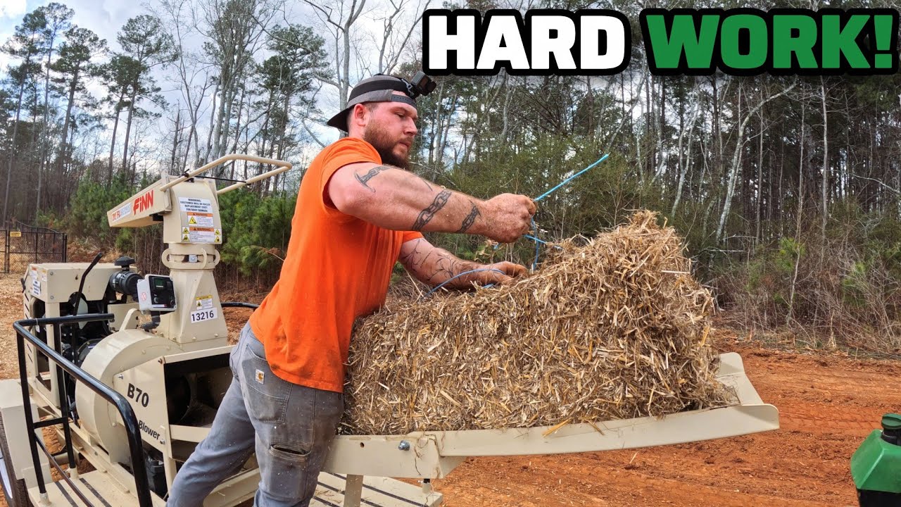 We Got Hired To Prep This Back Yard For Grass! Blowing Straw Bales With A Finn B70 Blower