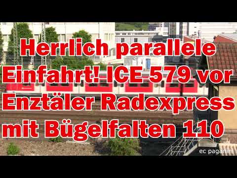 Herrlich fast parallele Einfahrt! ICE 579 vor dem Enztäler Radexpress mit Bügelfalten- 110!