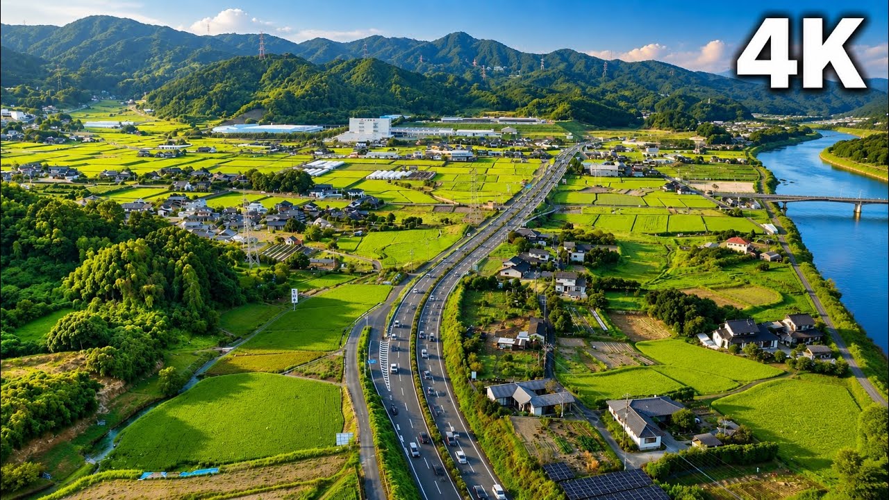 🌾 4K Aerial View of Beautiful Rice Fields & River in Japan