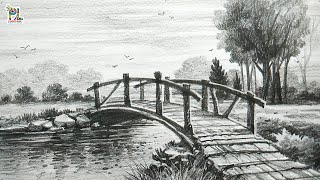 How to draw a Wooden Bridge in Scenery Pencil Art | Pencil sketch and shading