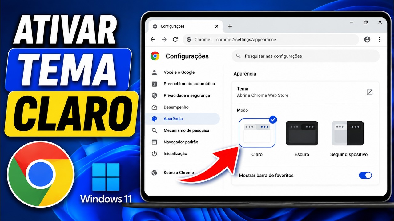 Thumbnail do vídeo Tecnoflavio: Como ativar o tema claro no Google Chrome no Windows 11