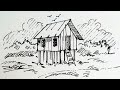 Hill Hut with pen sketch | Landscape drawing tutorial #pensketch #drawing